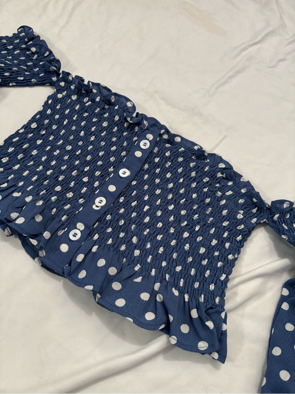 Skylar + Madison Navy Blue Polka Dot Off-Shoulder Smocked Crop Top - Picture 4 of 7